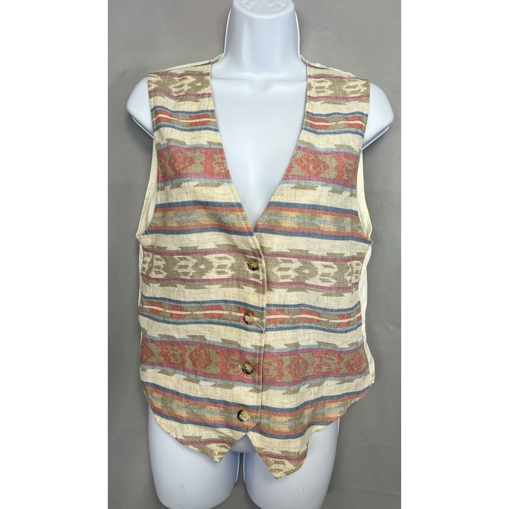 Vintage The Village Unisex Vest Azteca Print Sz Small Cream Made USA